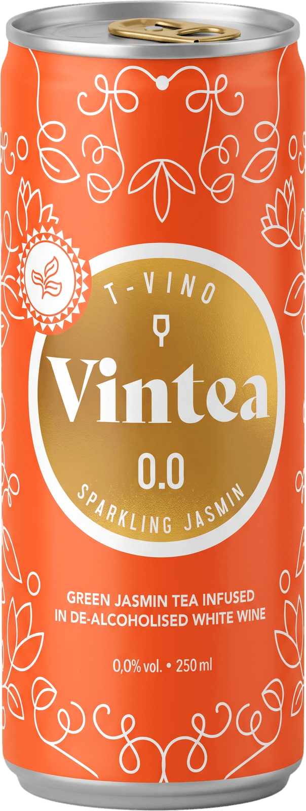 Canette et bouteille Vintea T-Vino Sparkling Jasmin avec étiquette orange corail